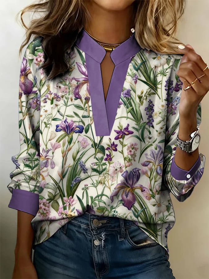 Women's Purple Floral Art Print Shirt